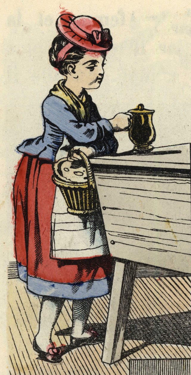 Roodkapje zet eten voor haar grootmoeder op de huche (illustratie van het sprookje 