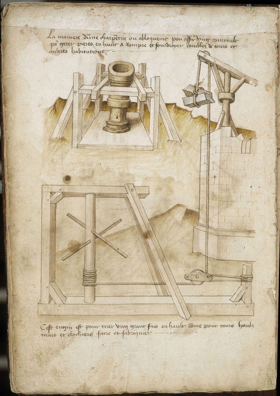 Laadsysteem voor bouwplaats - Manuscript: perkamentblad van een ingenieurshandboek voor de bouw van civiele, religieuze en militaire gebouwen, anoniem, eind 15e eeuw (figuur in Chinese inkt) door Unknown artist