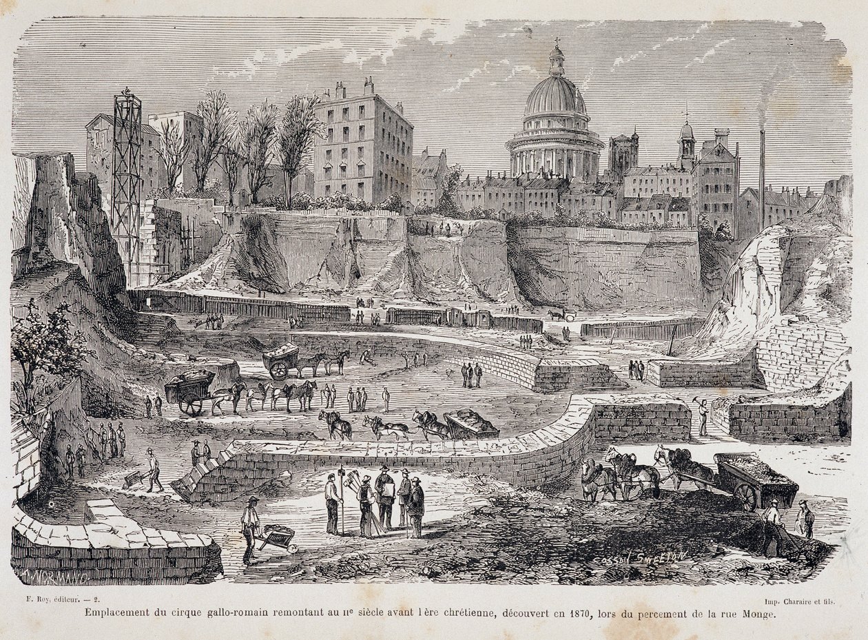 Locatie van het Gallo-Romeinse circus daterend uit de 3e eeuw voor de christelijke jaartelling, ontdekt in 1870, tijdens het boren van Rue Monge door Unknown artist