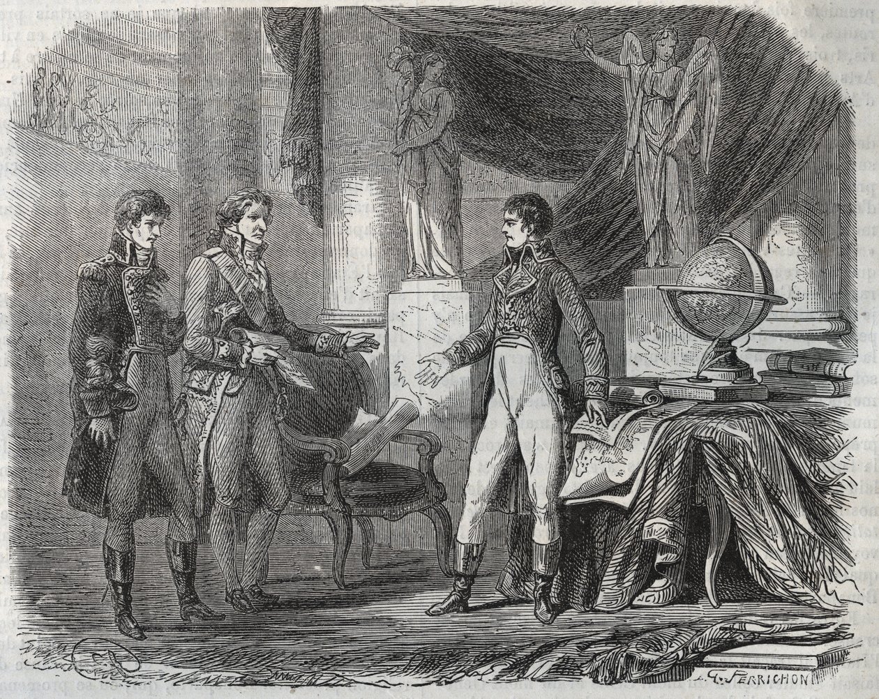 Lord Cornwallis onderhandelt over het Verdrag van Amiens met Napoleon Bonaparte - de Vrede van Amiens, Frankrijk - Verdrag ondertekend in maart 1802 door Unknown artist