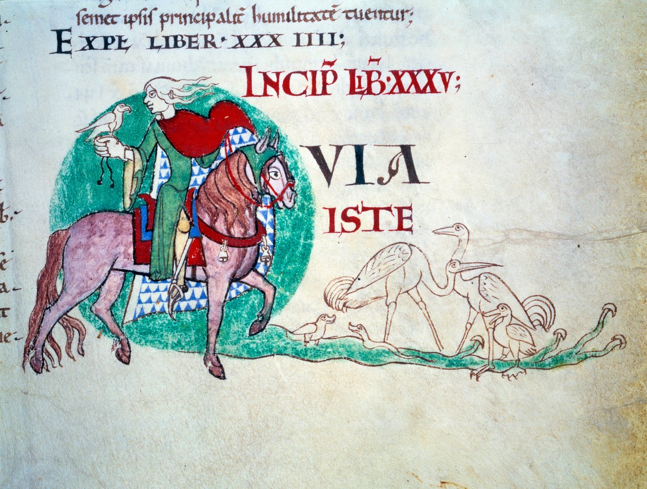Heer op valkenjacht. Miniatuur uit de middeleeuwen. Manuscript Moralia in Job van de abdij van Citeaux voor paus Gregorius I door Unknown artist