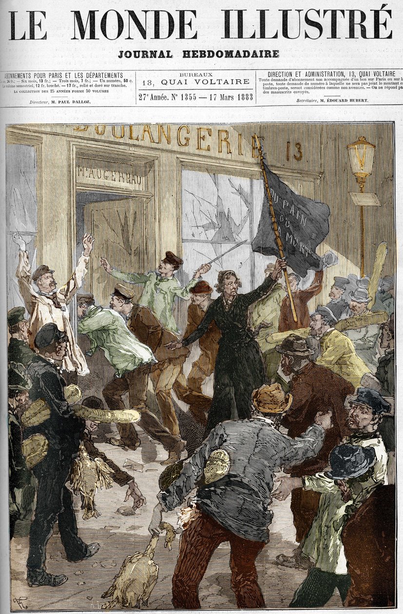 Louise Michel (1833-1905), een Franse revolutionair, zwaait met een zwarte vlag met de tekst 