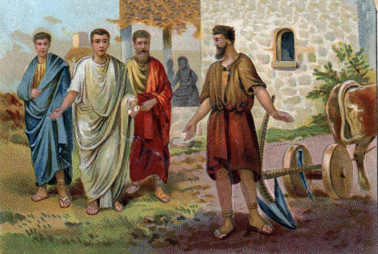 Lucius Quinctius Cincinnatus (ca. 520/ca. 430 v.Chr.), Romeins consul, bezig met landbouwtaken toen de Senatoren (Senaat van het Romeinse Rijk) hem kwamen smeken om het opperbevel te aanvaarden en dictator van Rome te worden in 458 v.Chr. Chromolithografie door Unknown artist