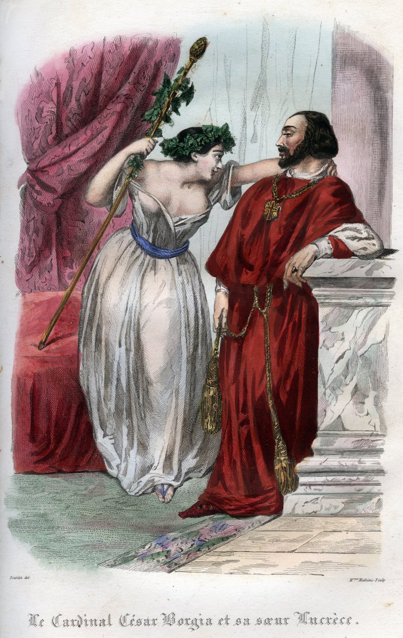 Lucrezia Borgia (1480-1519) met haar broer Cesare Borgia. Gravure uit 1842 in 