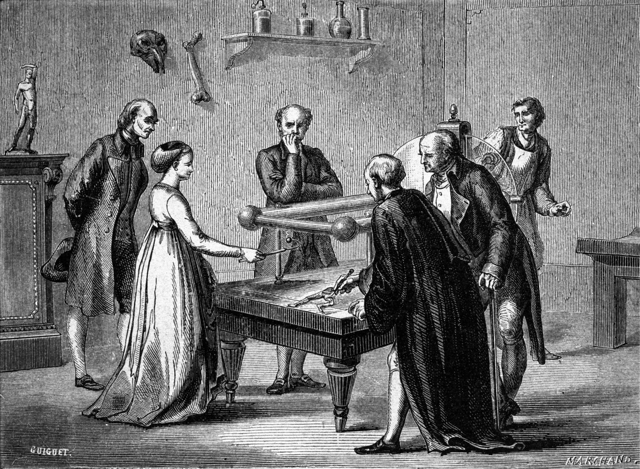 Luigi Galvani, professor in Bologna, ontdekte in 1780 de prikkelbaarheid van de spieren van de kikker door elektriciteit. Gravure uit de 19e eeuw. door Unknown artist