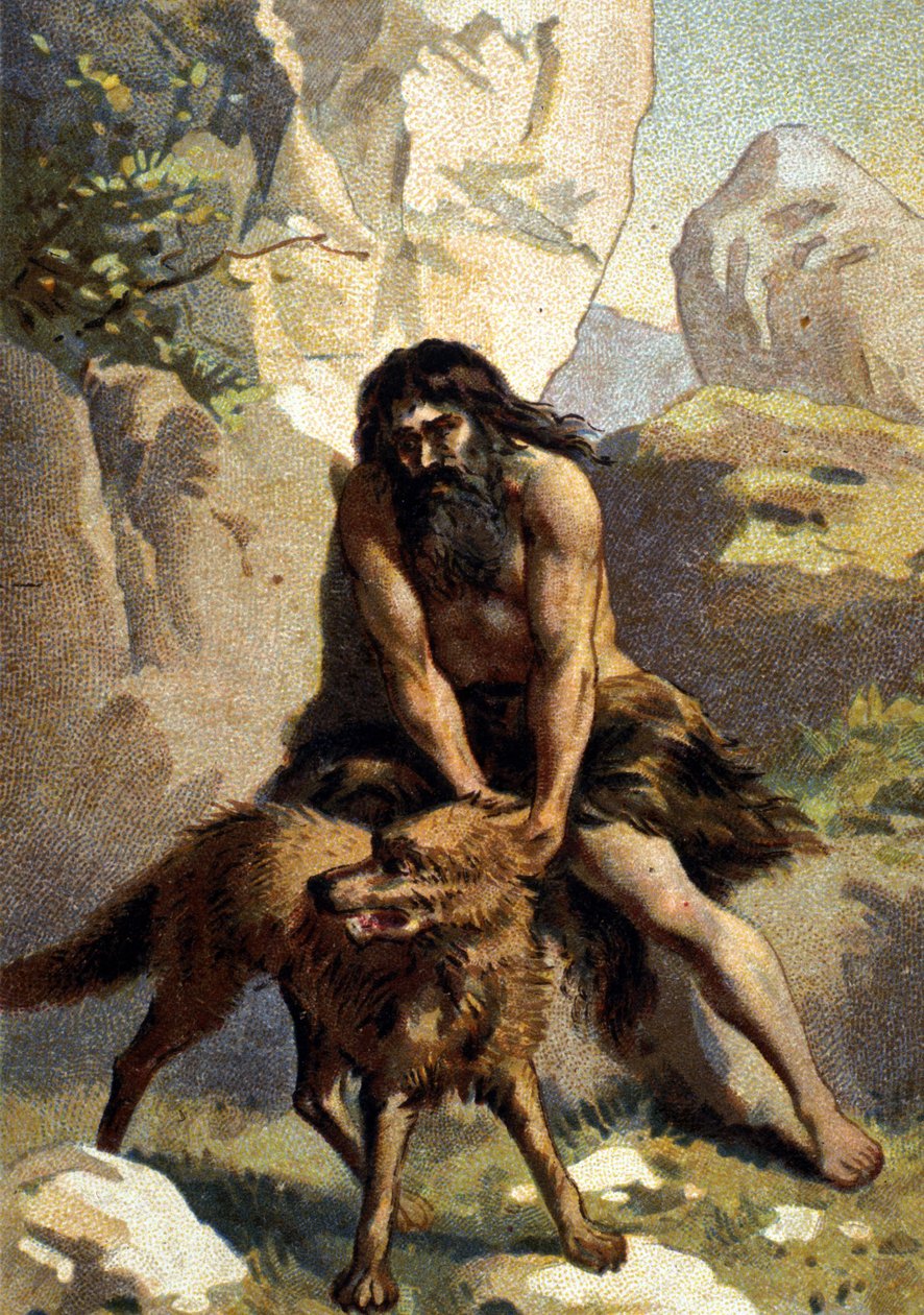 Lycanthropie: Waanzin van degene die denkt dat hij in een wolf is veranderd. Chromo uit de 19e eeuw door Unknown artist