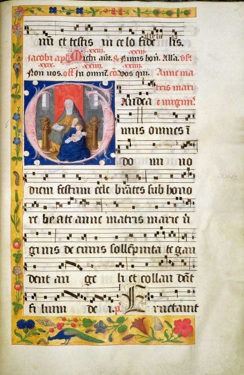 MS.McC.57. f.48r St. Anne tronend, lezend, de Maagd met Kind voor haar gezeten, initiaal van een Antifoon, eind 15e eeuw door Unknown artist