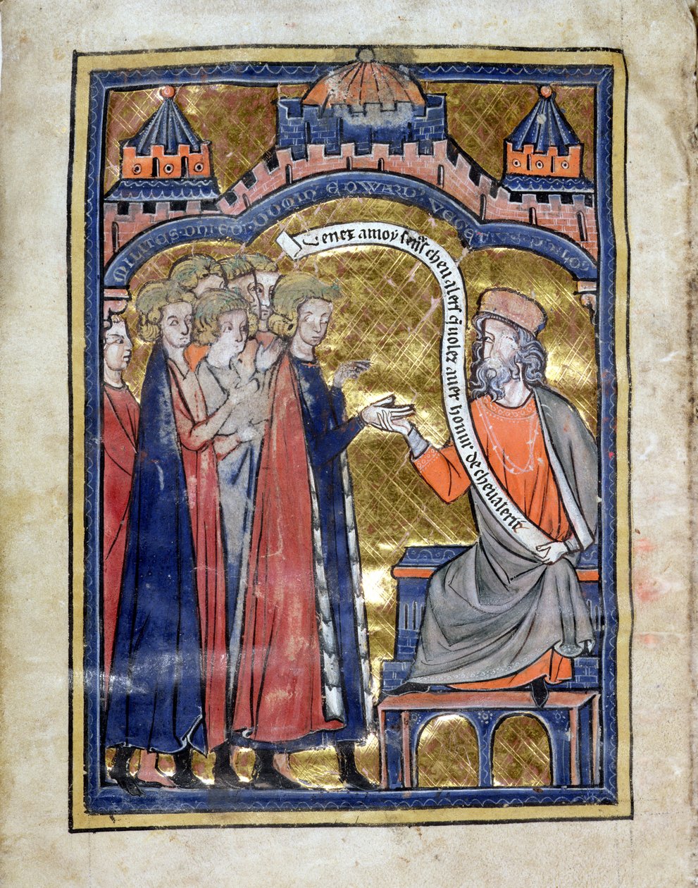 MS. Marlay. Add.1.f2b De Re Miliatari, Vegitius ontvangt de jonge Prins Edward en zijn metgezellen door Unknown artist