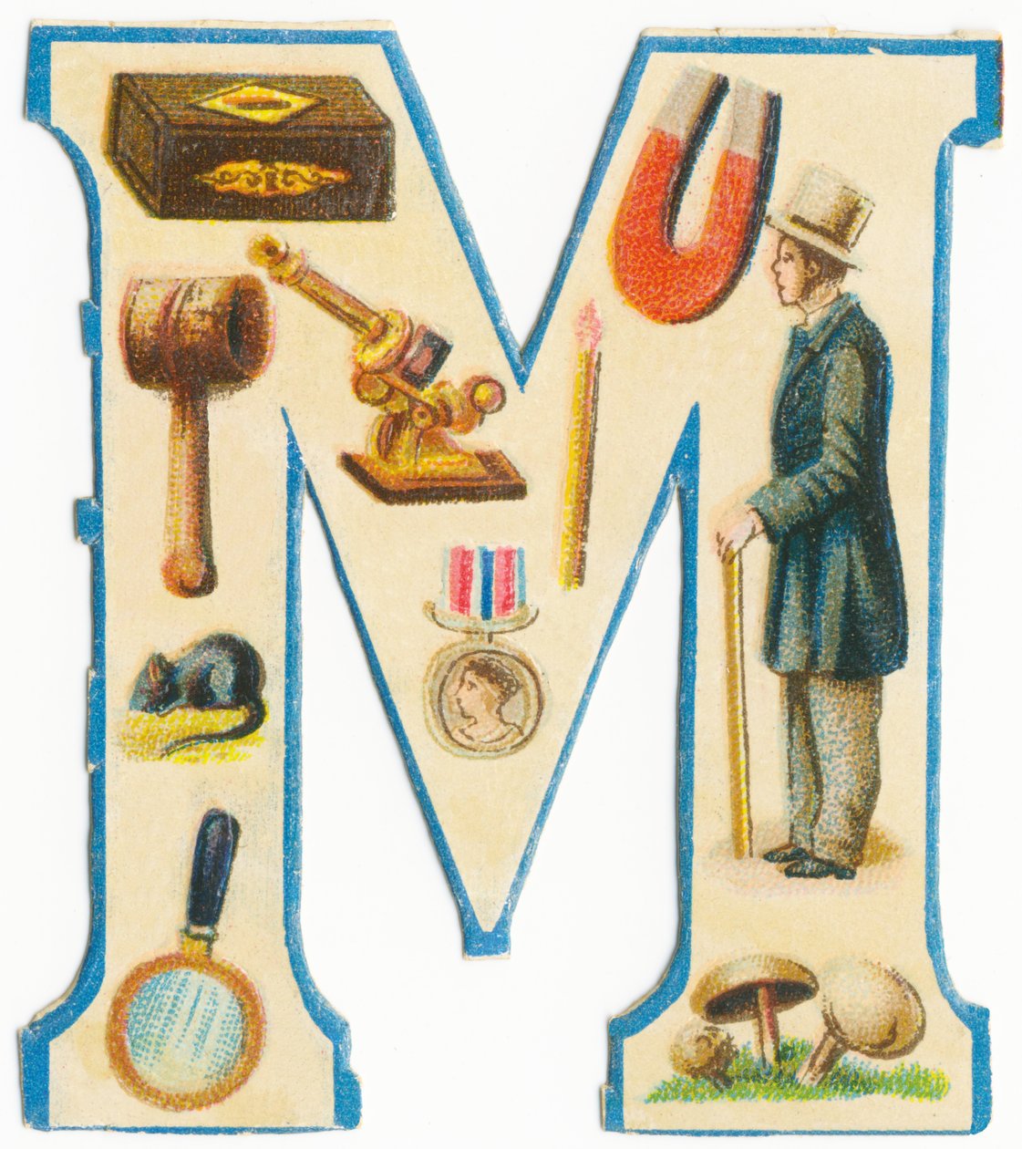 M: lucifers, magneet, hamer, microscoop, muis, medaille, man, vergrootglas, paddenstoelen door Unknown artist