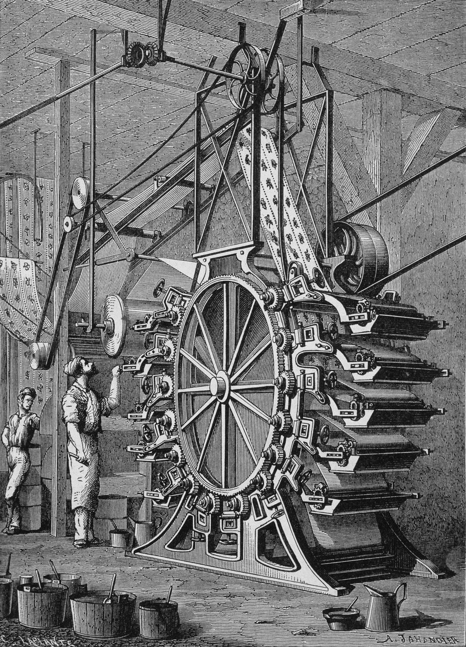 Machine voor het drukken van behang in 10 kleuren, gravure 19e eeuw door Unknown artist
