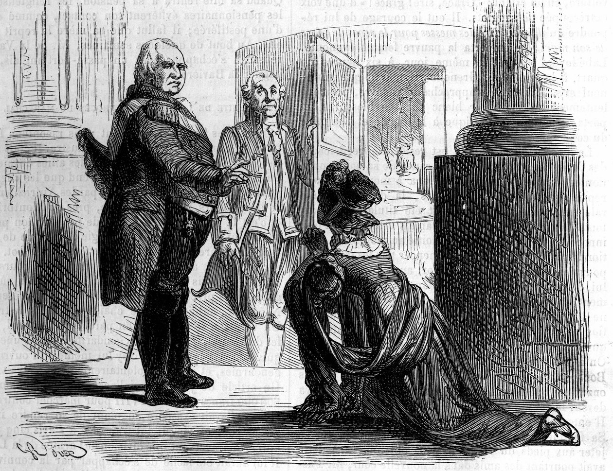 Madame de gravin van Labedoyere op de knieën van Lodewijk XVIII, koning van Frankrijk. door Unknown artist