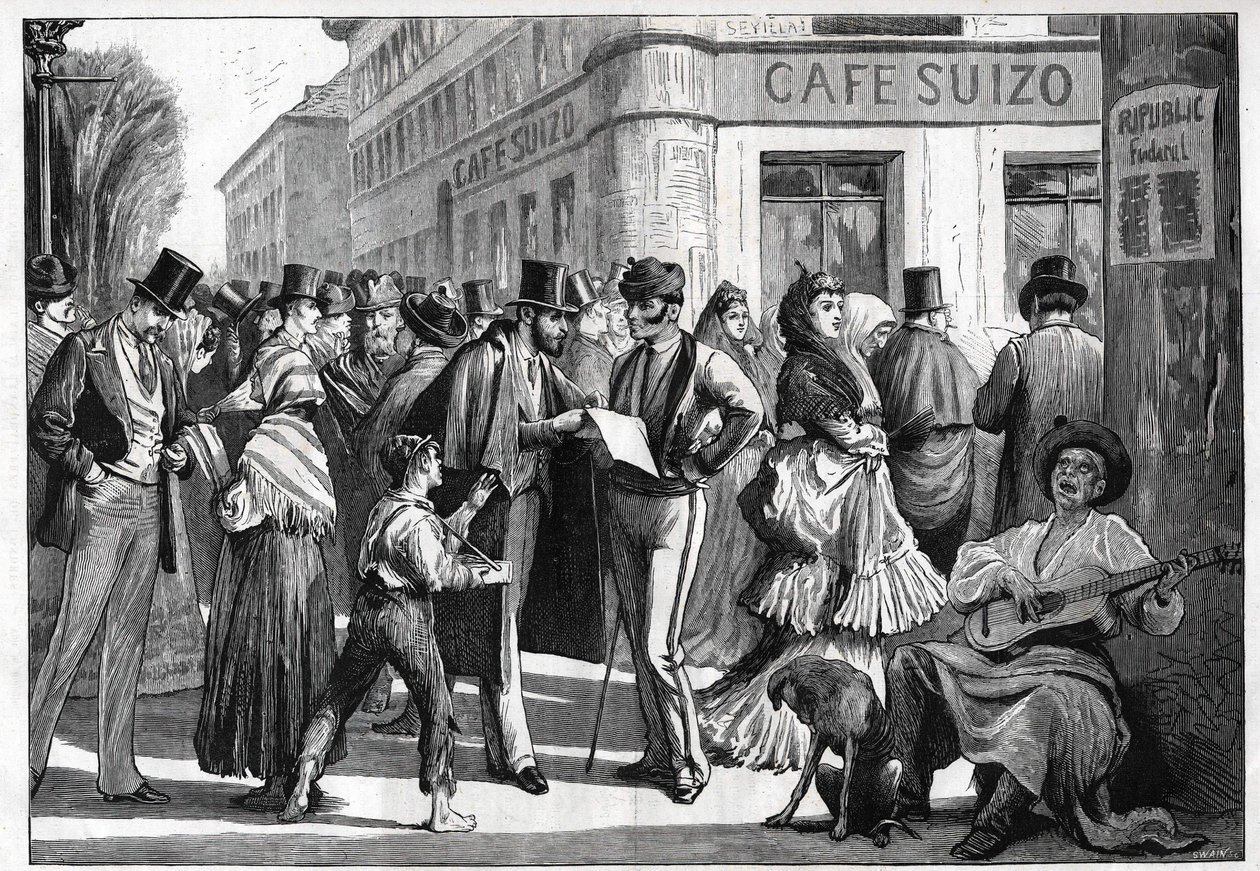 Madrid in 1873. Wandelaars op de hoek van Sevilla Straat en Alcala Straat. Gravure uit 1873. door Unknown artist