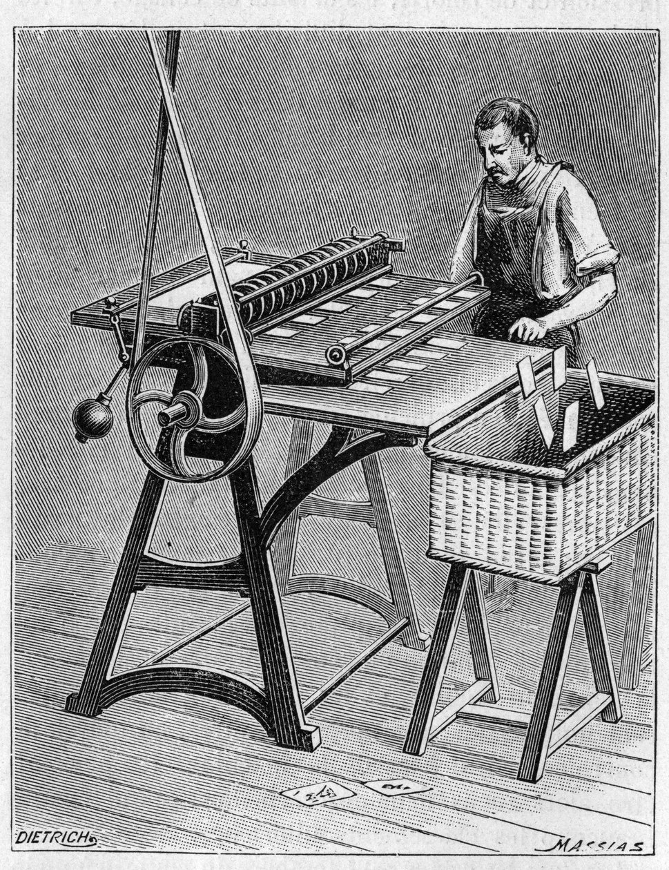 Kaarten maken om te spelen volgens oude methoden. Decoupage van speelkaarten. Gravure uit 1893 door Unknown artist