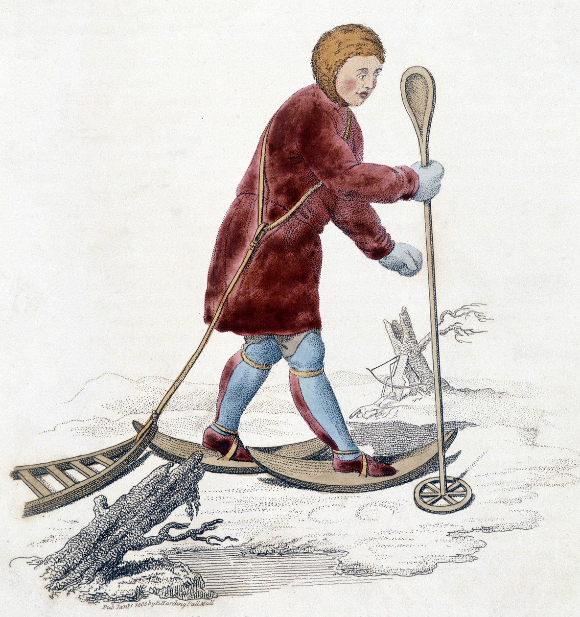 Man van de Ostiak stam (Khanty of Khante) (Paleosiberische jagersstam gevestigd in het bosgebied van de midden Ob-vallei) op jacht naar hermelijn. Illustratie uit 1803 door Unknown artist