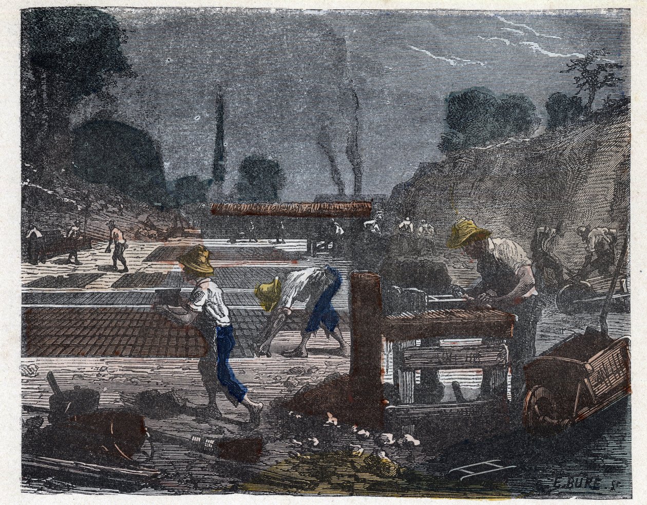 Fabricage van een baksteen in de 19e eeuw: de malwerker vult zijn mal met kleipasta, daarna plaatst de leerling de baksteen op de grond om te drogen. Gravure eind 19e eeuw door Unknown artist