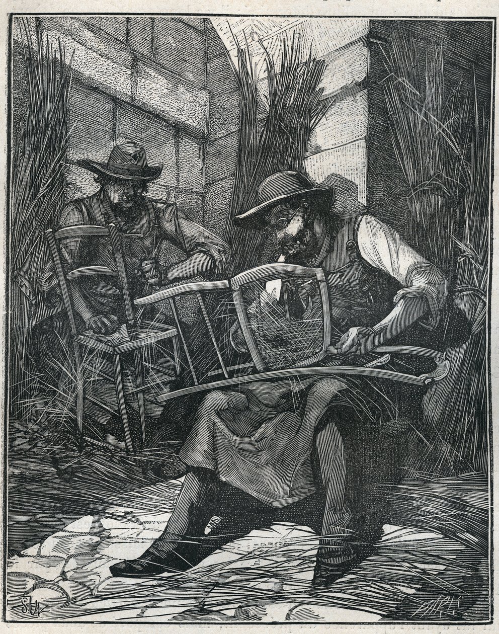 Stoelenfabricage: mulchen en vlechten van stoelen. Gravure uit 1885 in 