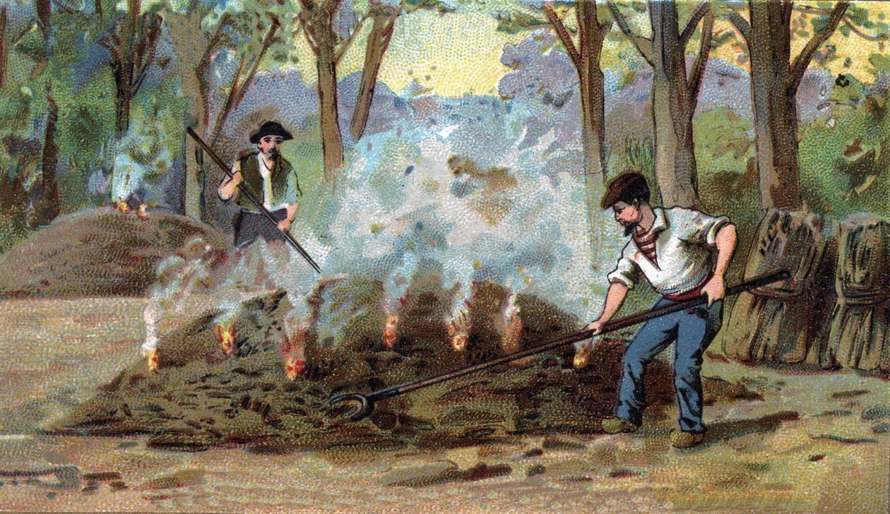 Houtskoolproductie, verbrandingsoven. Chromolithografie van het einde van de 19e eeuw. door Unknown artist