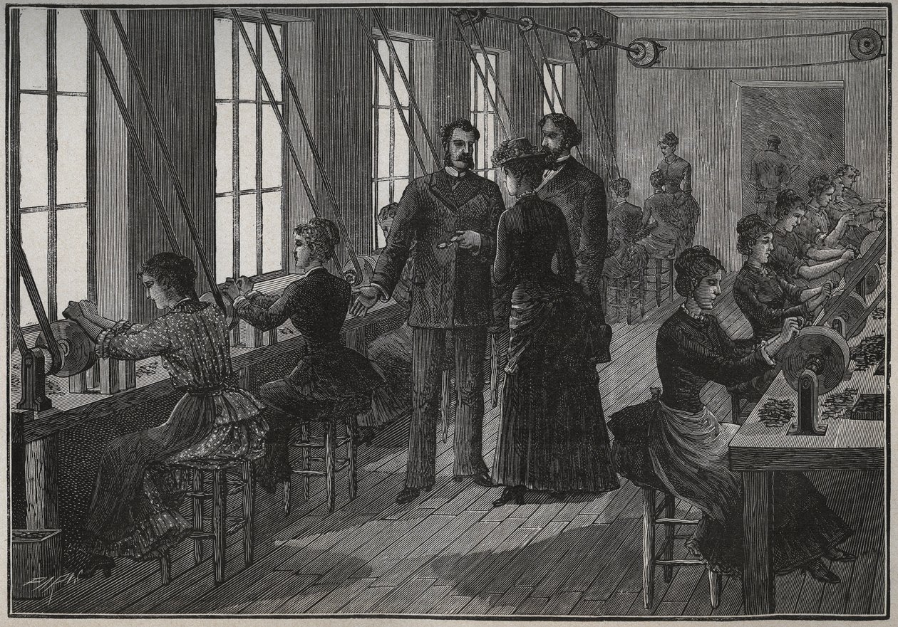 Fabricage van metalen veren: slijpwerkplaats in Frankrijk in de 19e eeuw. Gravure uit 1885 in “Les arts et métiers illustrés” door Adolphe BITARD door Unknown artist