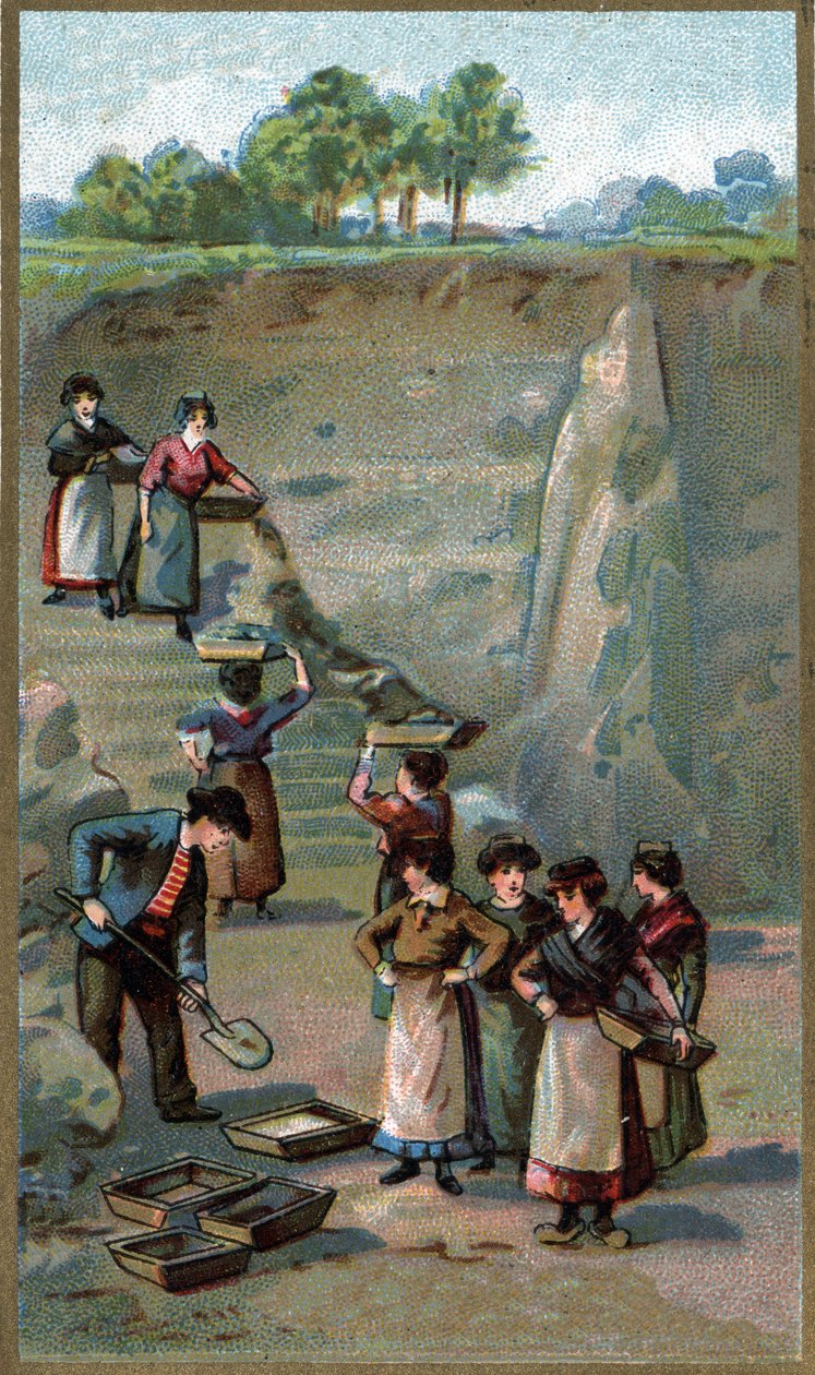 Fabricage van porselein, Kaoliengroeve. Chromolithografie van het einde van de 19e eeuw. door Unknown artist