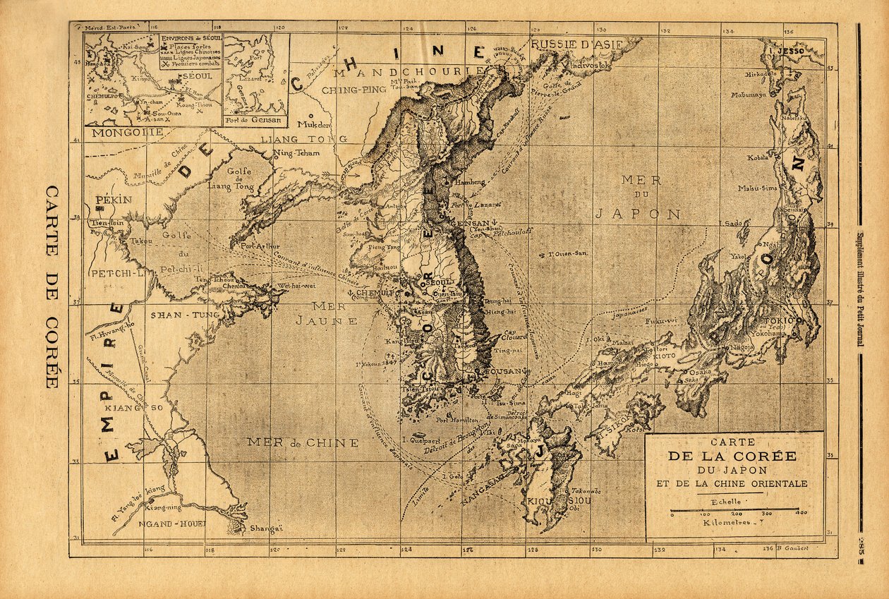 Kaart van Korea, Japan en Oost-China. Gravure in "Le petit journal" 3/09/1894. Selva