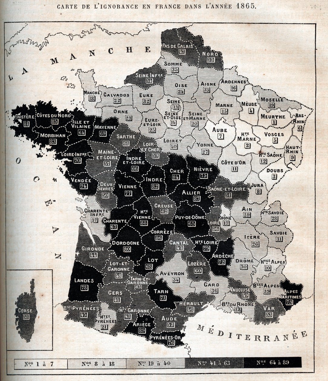 Kaart van onwetendheid in Frankrijk in 1865 door Unknown artist