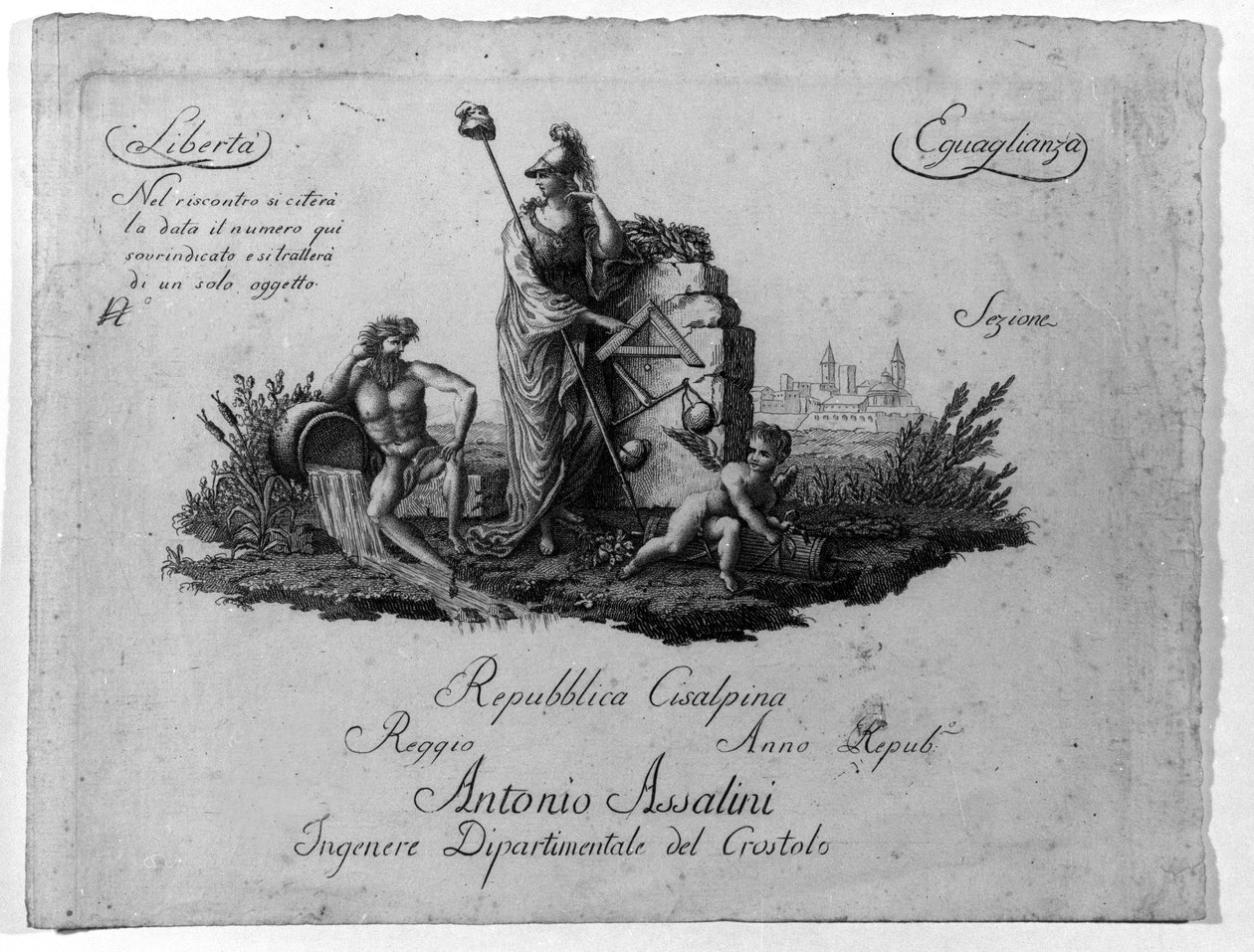 Kaart van de Cisalpijnse Republiek, opgericht door Napoleon Bonaparte op 27/06/1797 naar Frans model in Italië, die in 1802 de Italiaanse Republiek werd. De waarden van de Franse Republiek zijn erin verankerd (Vrijheid, Gelijkheid). Gravure Museo del ris door Unknown artist