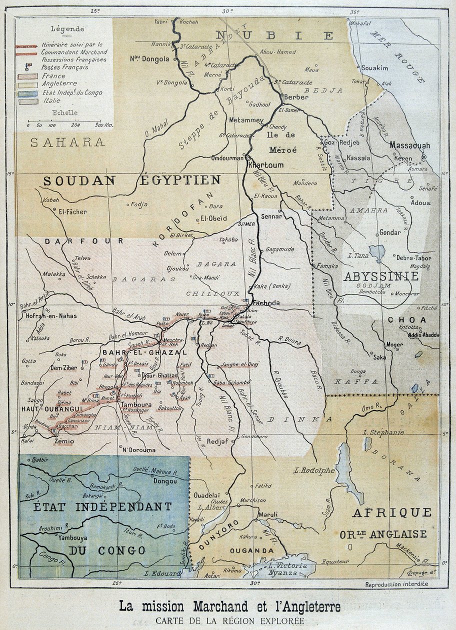 Kaart van het gebied verkend door de Mission Marchand - in "Le Petite Journal" van 09/10/1898 door Unknown artist