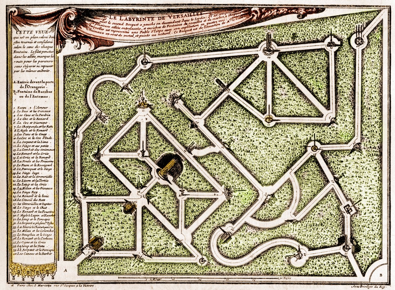 Kaart van het doolhof in het park van het kasteel van Versailles, gemaakt door Andre Le Notre (1613-1700). Gravure in 