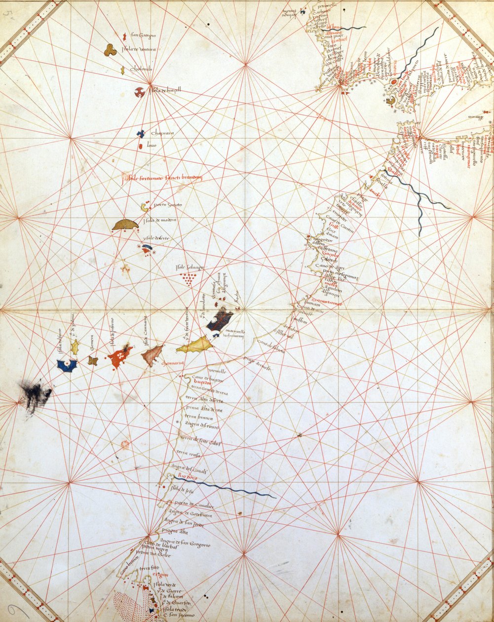 Kaart met Gibraltar, Marokko en de Canarische Eilanden. 15e-eeuwse Portulan door Unknown artist