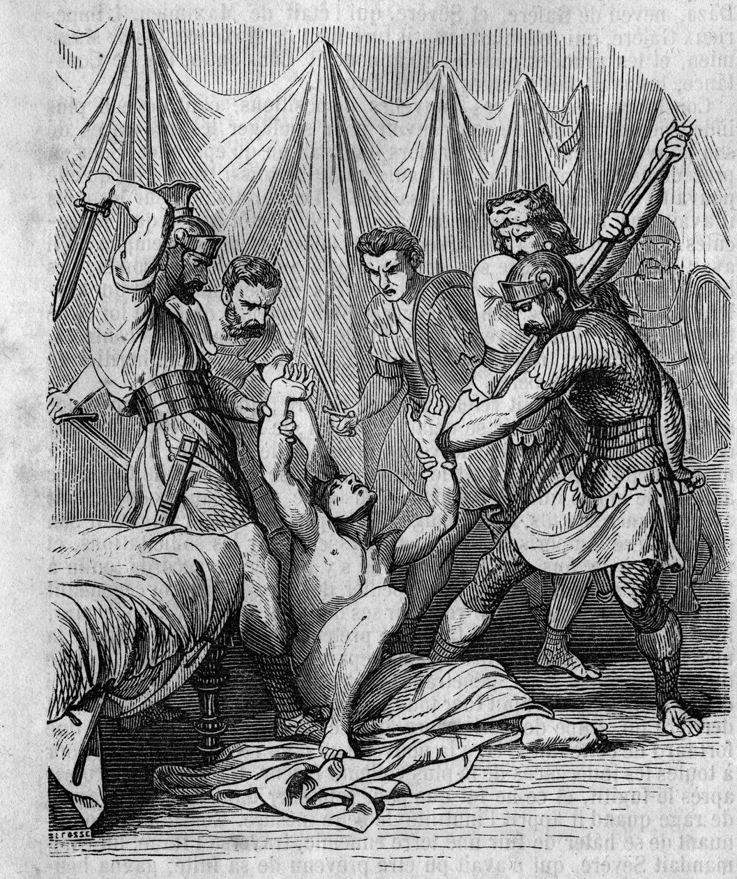 Marcus Hordeonius Flaccus Romeinse senator vermoord door zijn eigen soldaten in de 1e eeuw. Gravure uit de 19e eeuw. door Unknown artist