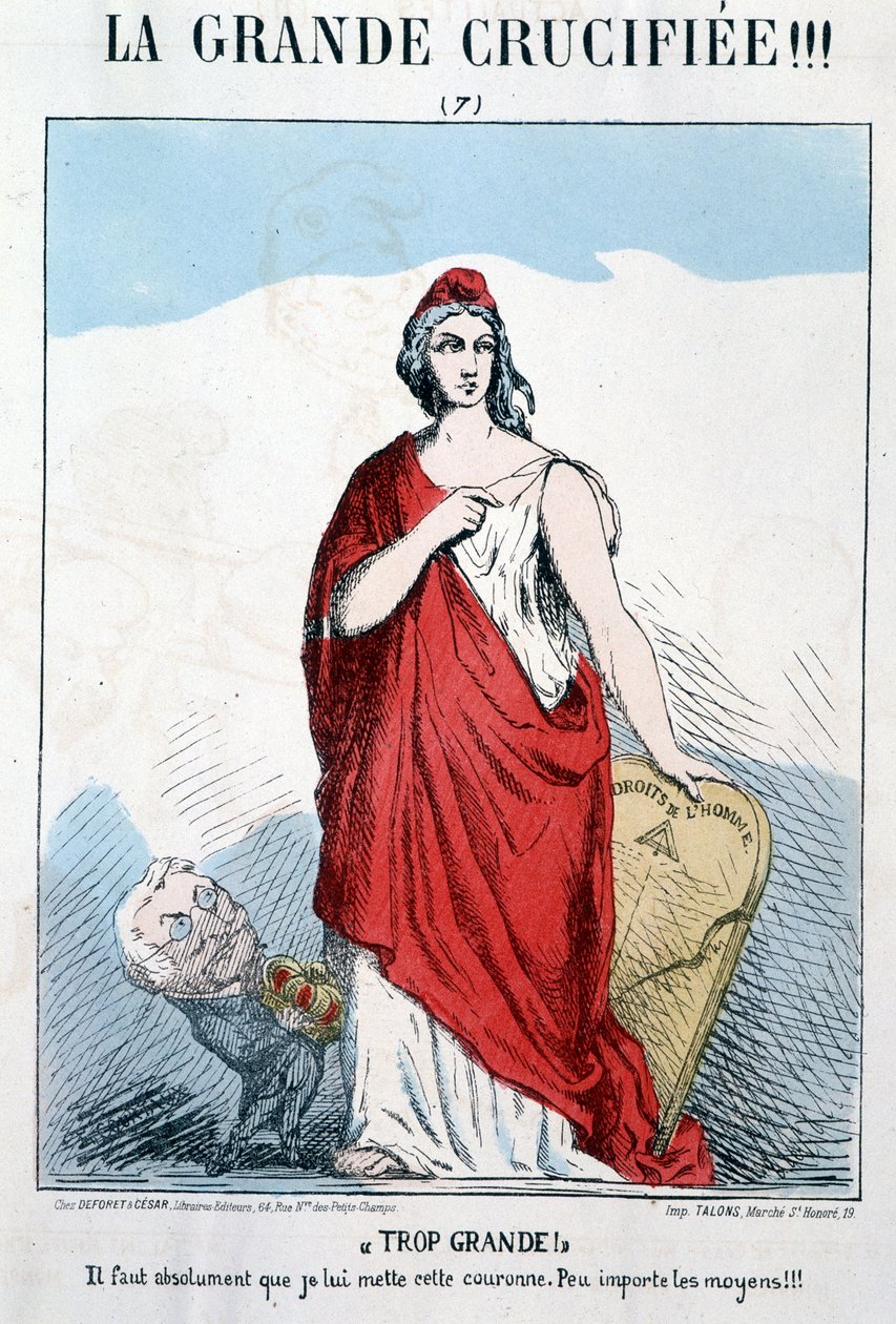 Marianne houdt Mensenrechten in haar hand waaraan Thiers een kroon wil geven - Karikatuur door Unknown artist