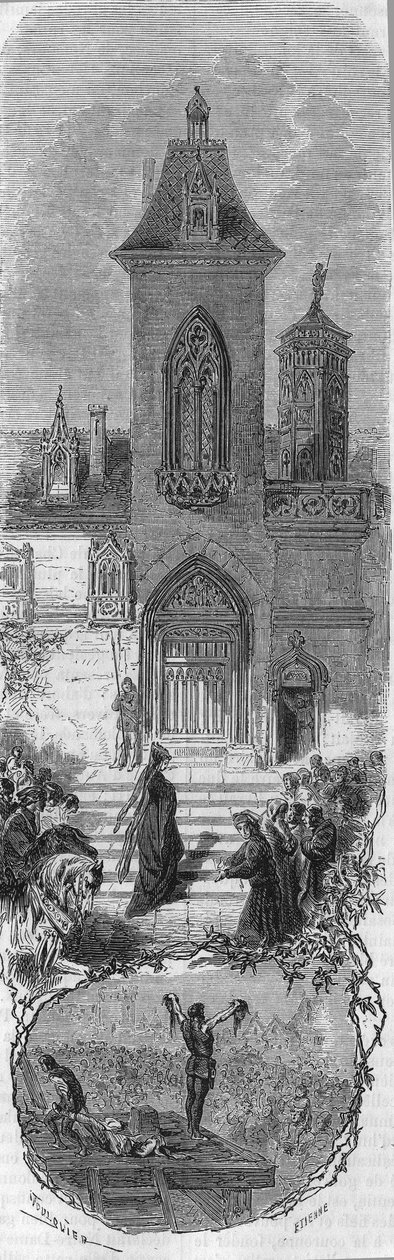 Marie van Bourgondië vraagt om gratie voor haar ministers. Dood van Hugonat en de Heer van Humbercourt op 3 april 1477. Gravure uit de 19e eeuw. door Unknown artist
