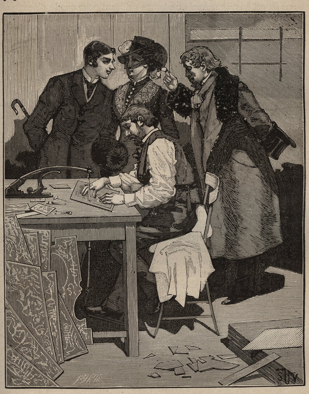 Marqueterie: marqueterie aan het werk. Gravure uit 1885 in 