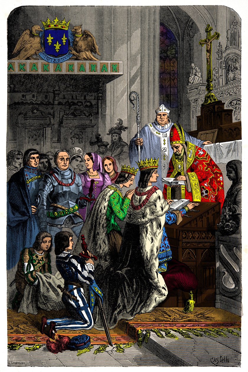 Huwelijk tussen Karel VIII (1470-1498) en Anna van Bretagne (1477-1514) op 13 december 1491 in het kasteel van Langeais, Gravure 19e eeuw door Unknown artist