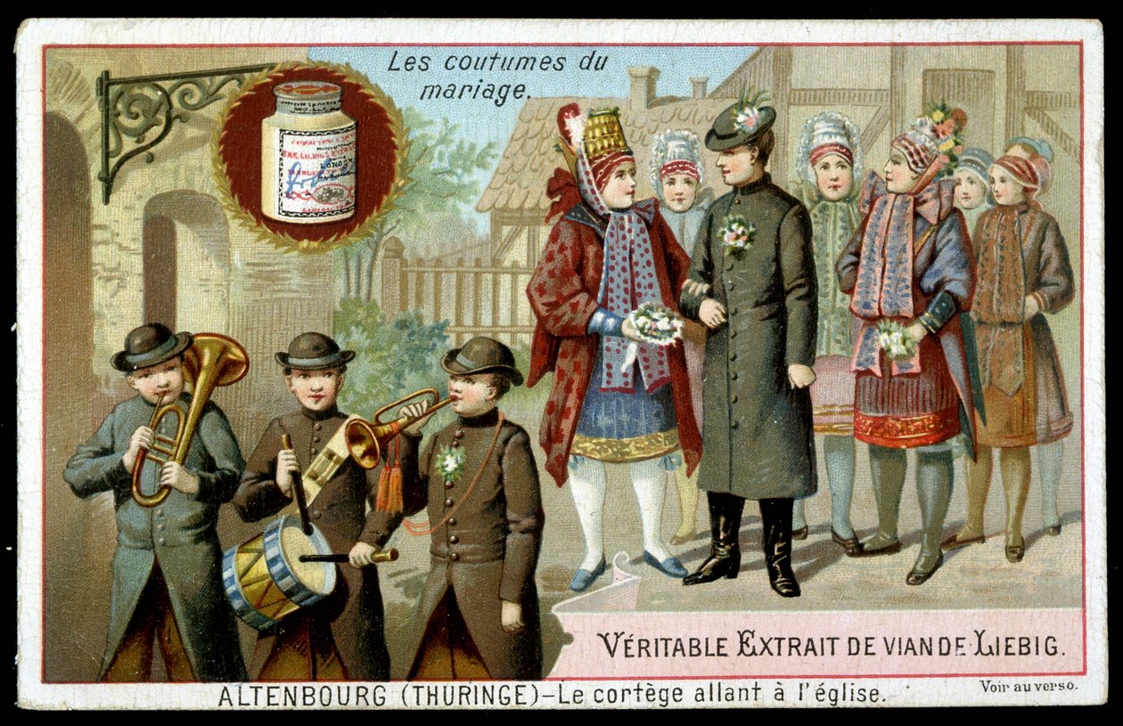 Huwelijksgebruiken: de processie naar de kerk in Altenburg (Thüringen) - chromo. Liebig, ca. 1895 door Unknown artist