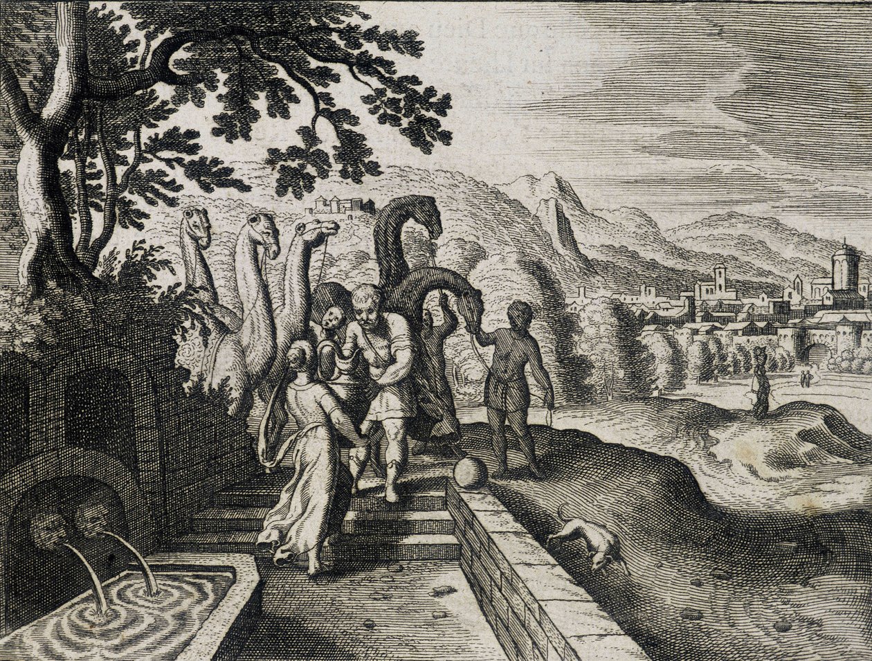 Huwelijk van Isaak en Rebekka. Gravure uit een 17e-eeuwse Bijbel door Unknown artist