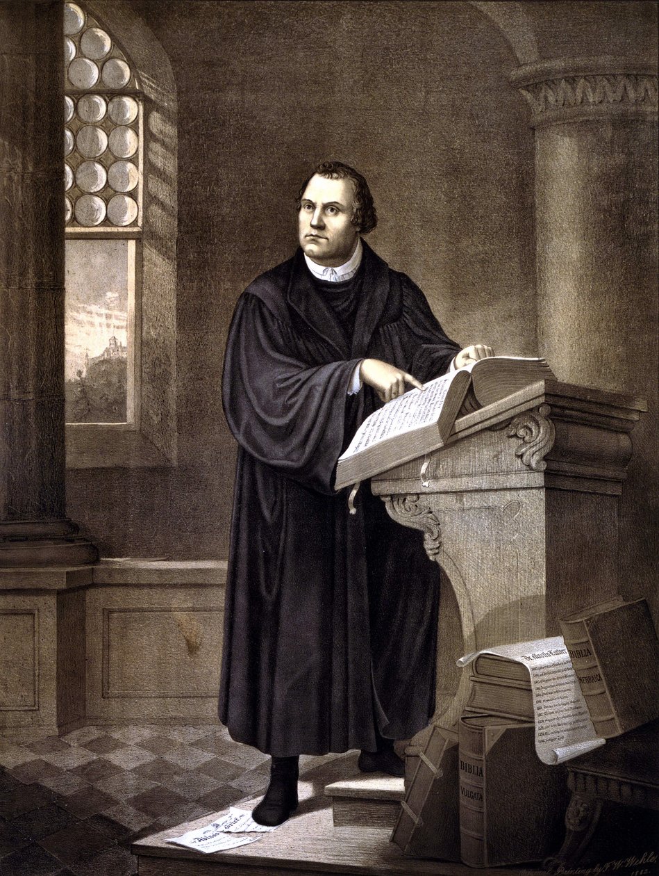 Maarten Luther (1483 - 1546) lezend in een kerk door Unknown artist