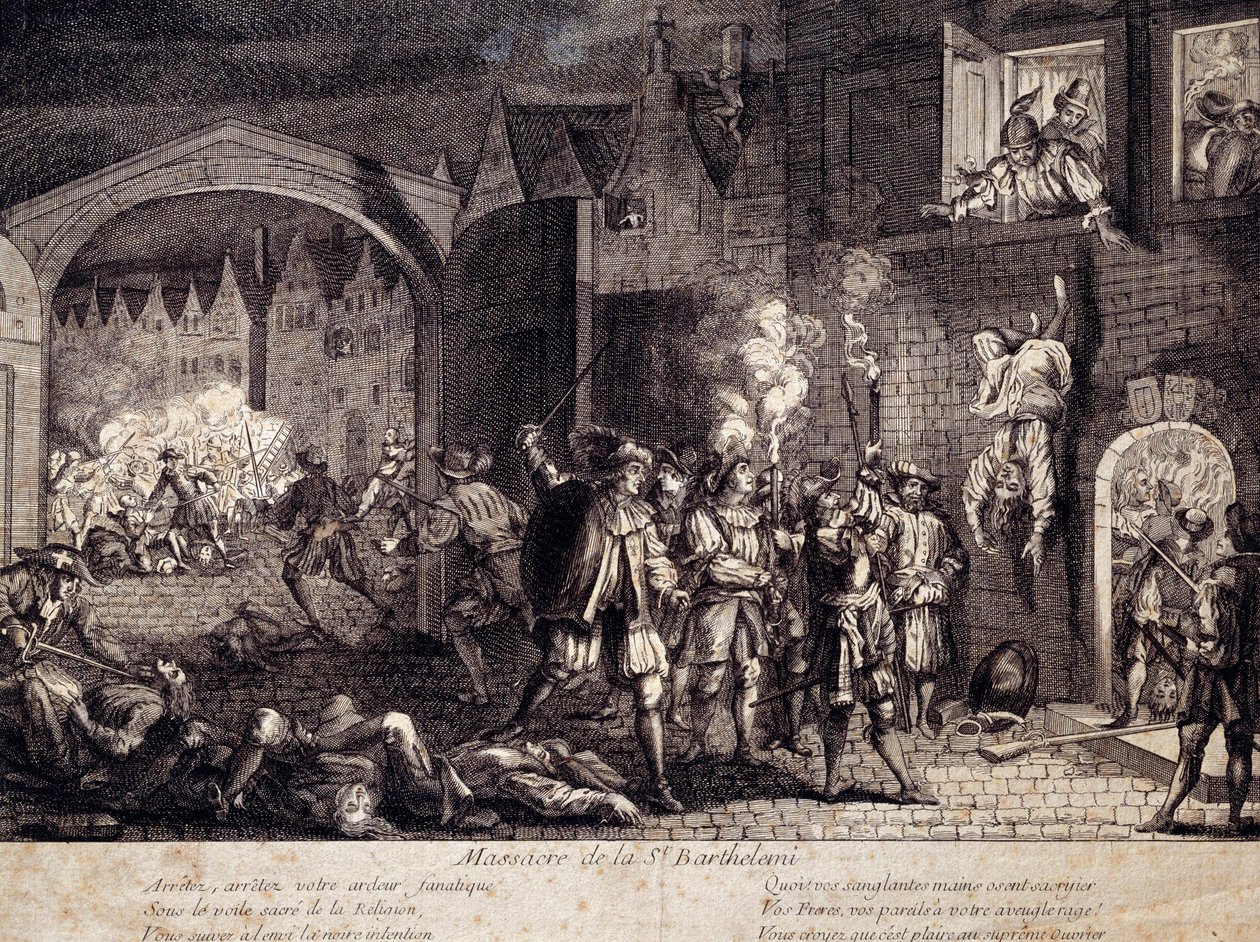 Bloedbad van Sint Barthelemy (Sint Barthelemy) in Parijs in de nacht van 24 augustus 1572. Gravure uit de 16e eeuw. Pau, Musee Du Chateau door Unknown artist