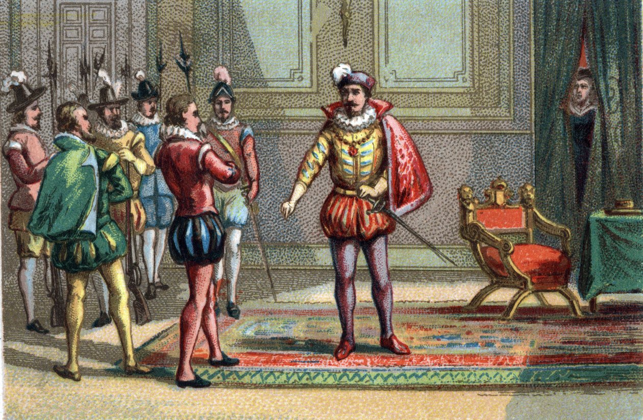Bloedbad van Sint-Bartholomeus, de hertog van Condé en Hendrik van Navarra werden naar Karel IX, koning van Frankrijk (1550-1574) gebracht, die hen de keuze bood tussen mis en dood. Catherine de Medici (Caterina de Medici) (1519-1589) observeert de scène.  door Unknown artist