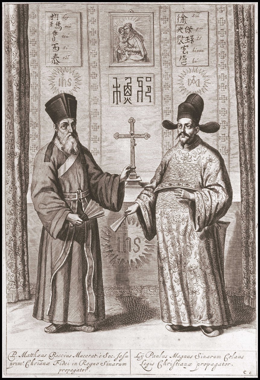 Matteo Ricci (links) en Paul Ly (rechts) in Chinese kostuum - in "De Ambassade van de Oosterse Compagnie van de Verenigde Provinciën naar de Keizer van China, of Grote Khan van Tartaria" door Pierre de Goyer en Jacob de Keyser. Uitgegeven in Leiden in 1665 door Unknown artist