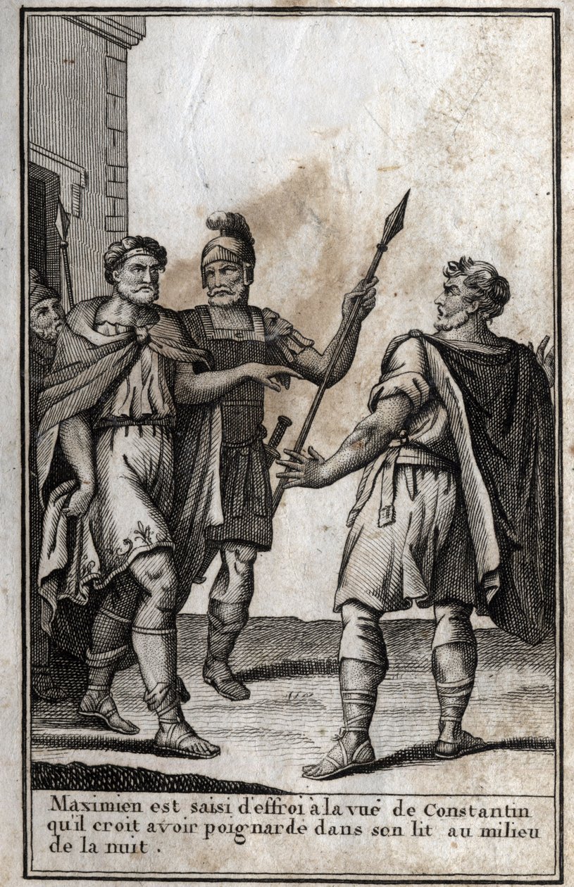 Maximianus Hercules (Marcus Aurelius Valerius Maximianus) (circa 250-310), Romeins keizer, wordt bevangen door angst bij het zien van Constantijn (Constantijn I, Flauius Valerius Aurelius Constantinus, 272-306), zijn schoonzoon, die hij denkt te hebben ver door Unknown artist