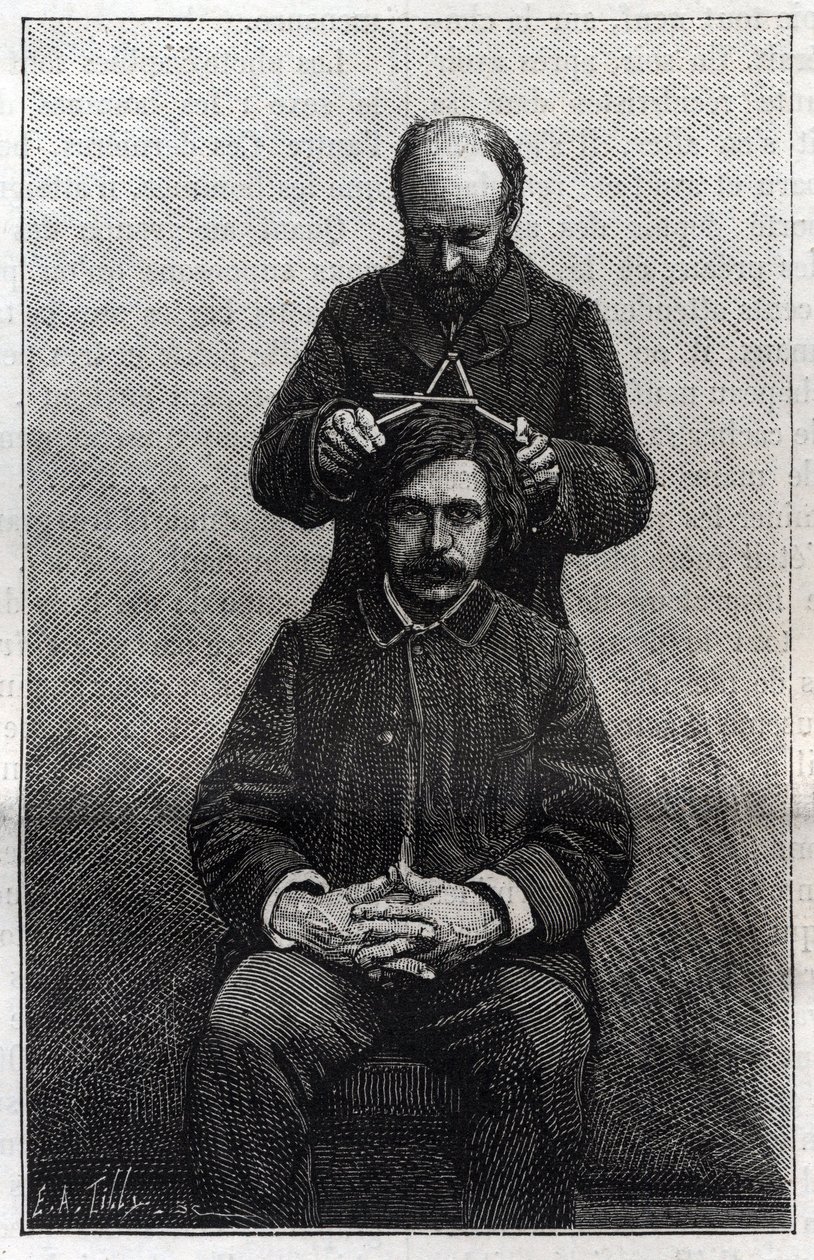 Metingen van de maximale breedte van het hoofd door de politie prefectuur volgens de methoden van Alphonse Bertillon (1853-1914) bekend als 