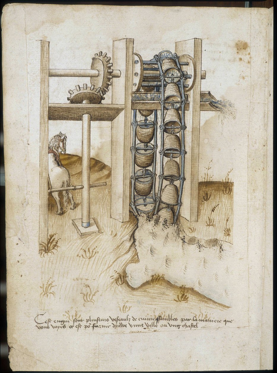 Mechanisch systeem met een wiel op paardenkracht om de aarde te graven - Manuscript: perkamentblad uit een ingenieurshandboek voor de bouw van civiele, religieuze en militaire gebouwen, anoniem, eind 15e eeuw (figuur in Chinese inkt) door Unknown artist