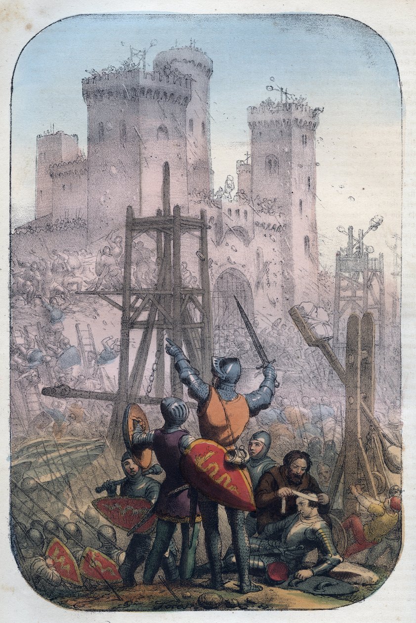 Middeleeuws leven - Aanvallen en verdedigen van een kasteel - gravure uit 
