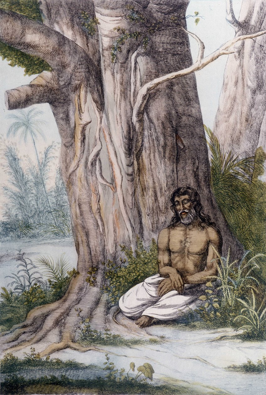 Meditatie aan de voet van een boom, India door Unknown artist