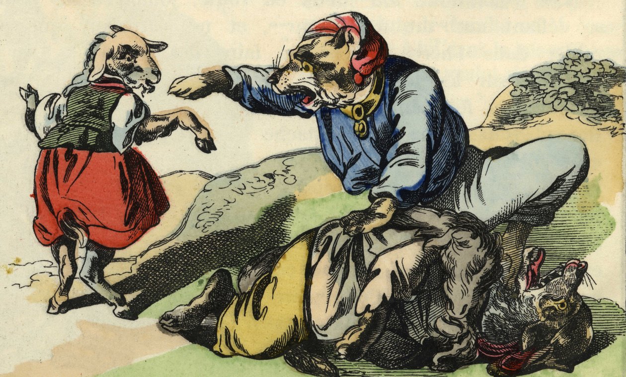 Medor redt Kleine Chef van de wolf. Illustratie van het sprookje 