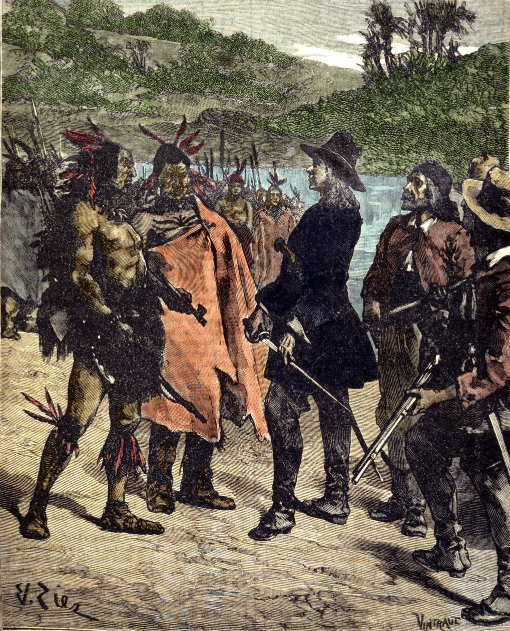 Ontmoeting van Robert Cavelier de La Salle (1643-1687) met de Indianen van Amerika (gravure uit de 19e eeuw) door Unknown artist