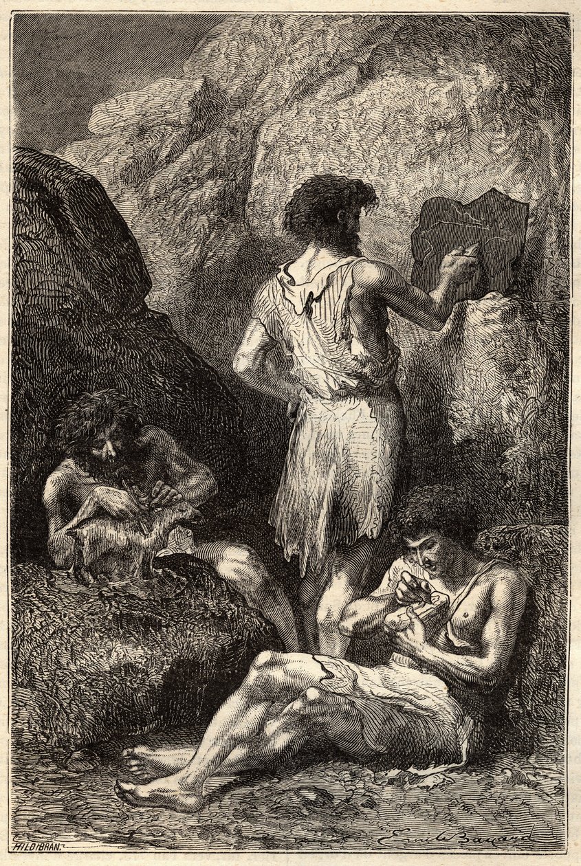 Mensen in het stenen tijdperk - Mensen in het stenen tijdperk - gravure uit de 19e eeuw door Unknown artist