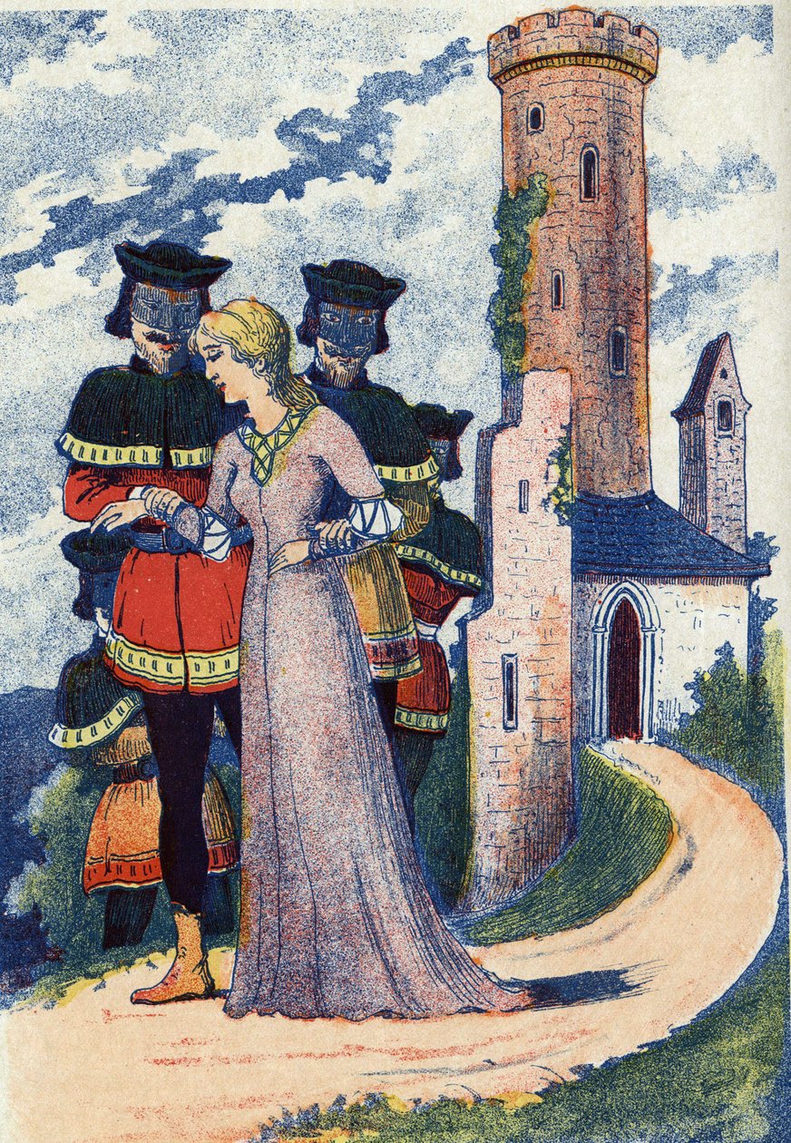 Mannen maskeren de prinses. Anonieme illustratie voor het sprookje 