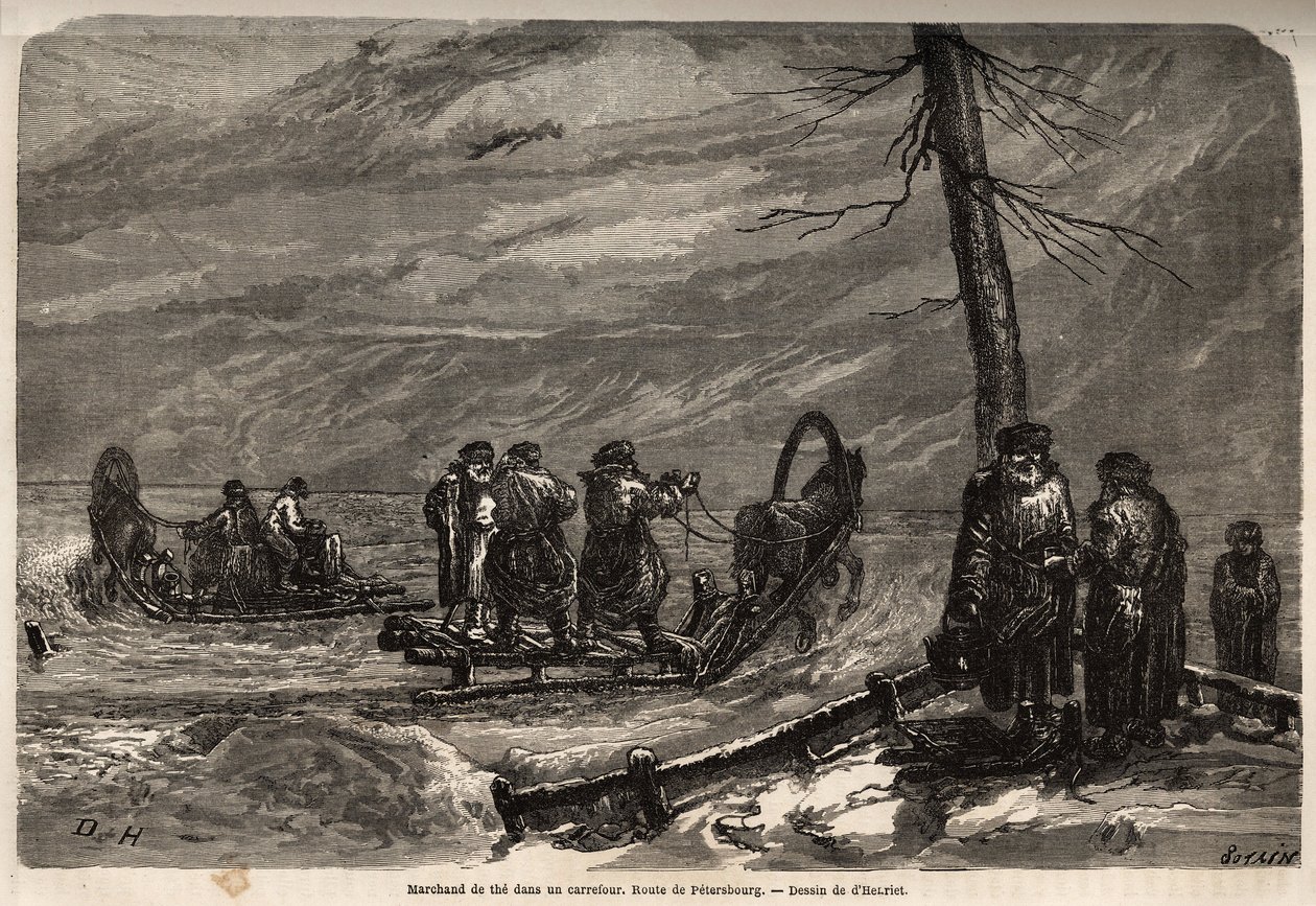 Handelsreiziger op een sneeuwkruispunt van de weg naar Sint-Petersburg. Tekening door Henriet, ter illustratie van zijn reis naar de Russische Baltische provincies in 1851-54. Gravure in 